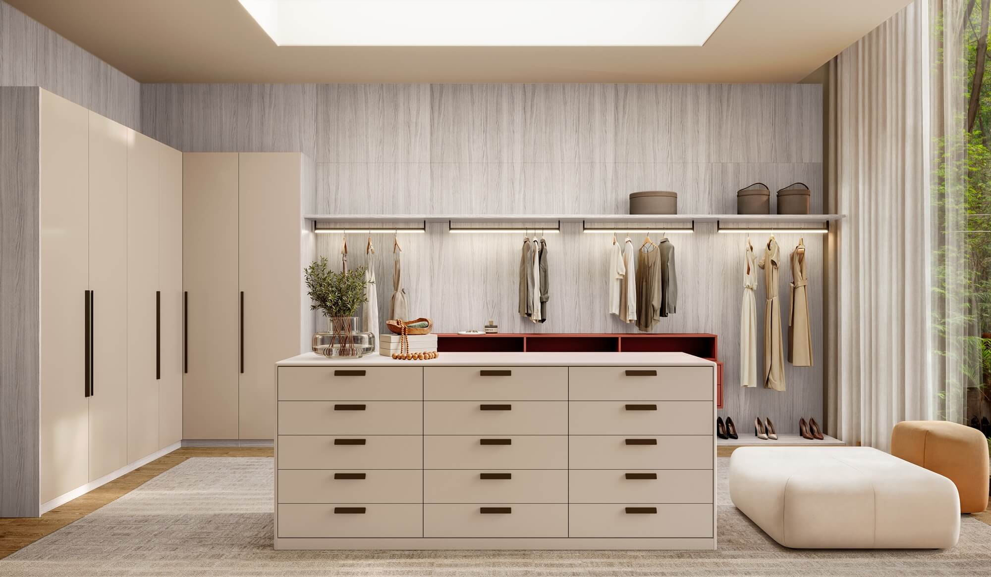 A nova Coleção Zeit da Finger Ambientes Personalizados, oferece uma linha de móveis planejados de alto padrão para ambientes que valorizam o design, o conforto, bem-estar e a funcionalidade. A nova coleção é um convite para experimentar e sentir o tempo e a vida. Esse ambiente mostra um CLOSET personalizado, mesclando closet aberto e fechado, em tons claros com ponto de cor para destacar e trazer um ar mais delicado ao closet feminino, estilo que destaca a brasilidade, design afetivo, a arquitetura vernacular e valorização das texturas. Detalhe nos tampos da linha FLOW que fazem o arredondado sutil para ilha central do closet.