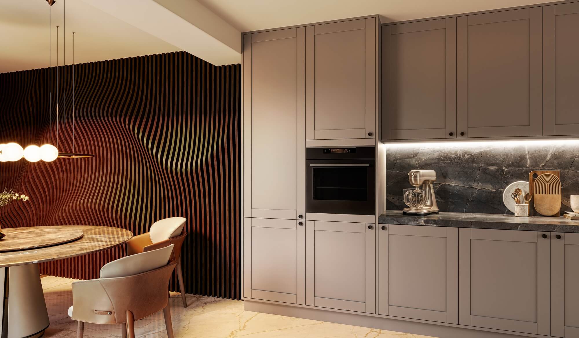 A nova Coleção Zeit da Finger Ambientes Personalizados, oferece uma linha de móveis planejados de alto padrão para ambientes que valorizam o design, o conforto, bem-estar e a funcionalidade. A nova coleção é um convite para experimentar e sentir o tempo e a vida. Esse ambiente mostra um Hobby Space de adega e living, estilo que destaca a brasilidade, design afetivo, a arquitetura vernacular e valorização das texturas. Detalhe das frentes no padrão SHAKER e dos painéis ondulados na parede.