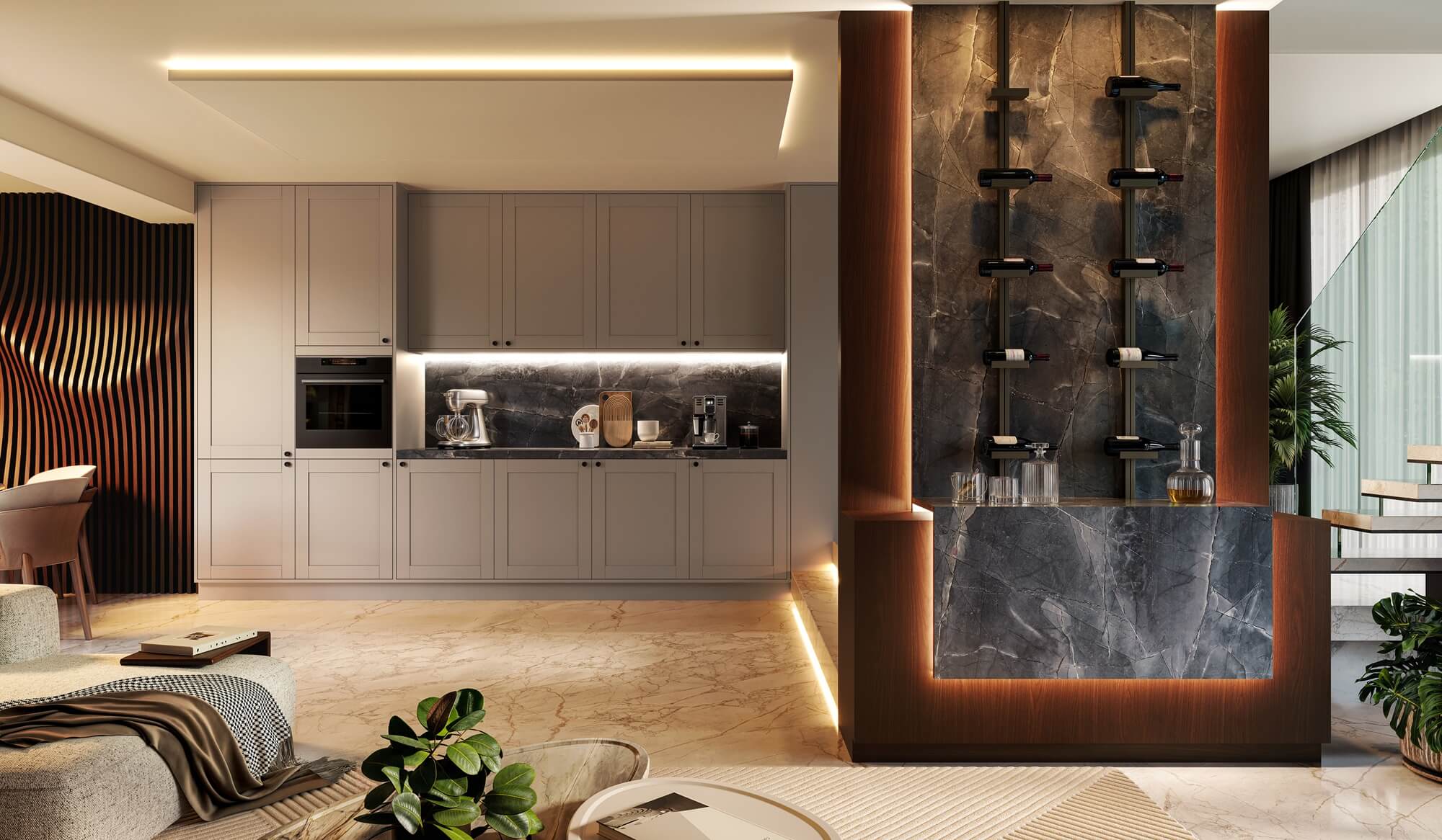 A nova Coleção Zeit da Finger Ambientes Personalizados, oferece uma linha de móveis planejados de alto padrão para ambientes que valorizam o design, o conforto, bem-estar e a funcionalidade. A nova coleção é um convite para experimentar e sentir o tempo e a vida. Esse ambiente mostra um Hobby Space de adega e living, estilo que destaca a brasilidade, design afetivo, a arquitetura vernacular e valorização das texturas. Detalhe das frentes no padrão SHAKER e dos painéis ondulados na parede.