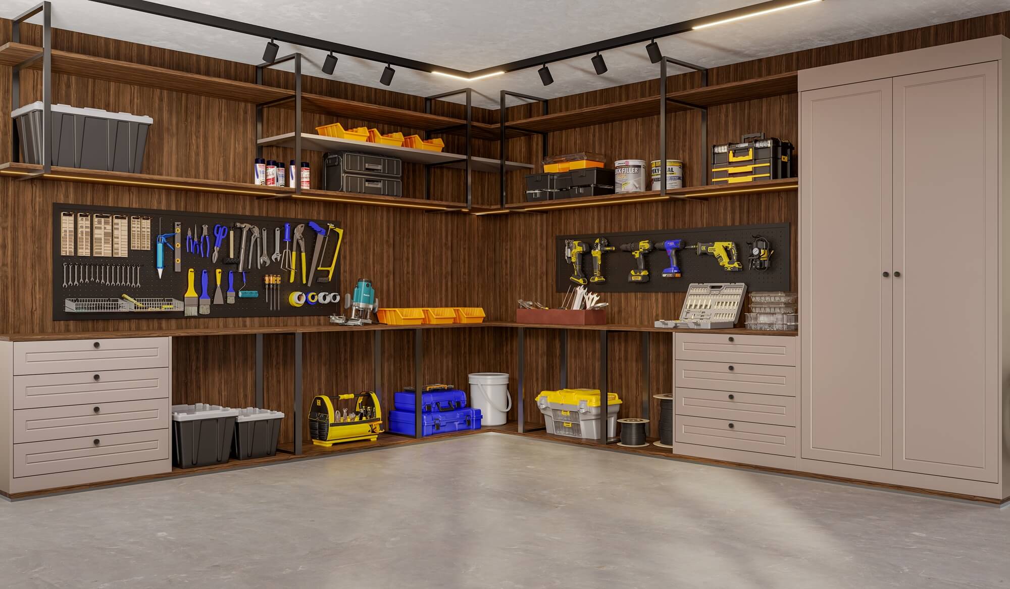 A nova Coleção Zeit da Finger Ambientes Personalizados, oferece uma linha de móveis planejados de alto padrão para ambientes que valorizam o design, o conforto, bem-estar e a funcionalidade. A nova coleção é um convite para experimentar e sentir o tempo e a vida. Esse ambiente mostra um Hobby Space de trabalho, uma oficina na garagem, um projeto com composição de madeira mais escura, com área de trabalho e bancadas para armazenar ferramentas e equipamentos de trabalho, estilo que destaca a brasilidade, design afetivo, a arquitetura vernacular e valorização das texturas. Detalhe das frentes MUNIQUE da linha Provençal, que trazem requinte e sofisticação ao ambiente.