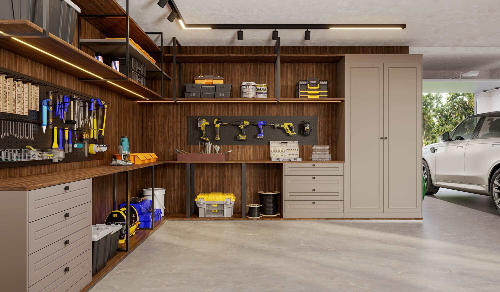 A nova Coleção Zeit da Finger Ambientes Personalizados, oferece uma linha de móveis planejados de alto padrão para ambientes que valorizam o design, o conforto, bem-estar e a funcionalidade. A nova coleção é um convite para experimentar e sentir o tempo e a vida. Esse ambiente mostra um Hobby Space de trabalho, uma oficina na garagem, um projeto com composição de madeira mais escura, com área de trabalho e bancadas para armazenar ferramentas e equipamentos de trabalho, estilo que destaca a brasilidade, design afetivo, a arquitetura vernacular e valorização das texturas. Detalhe das frentes MUNIQUE da linha Provençal, que trazem requinte e sofisticação ao ambiente.