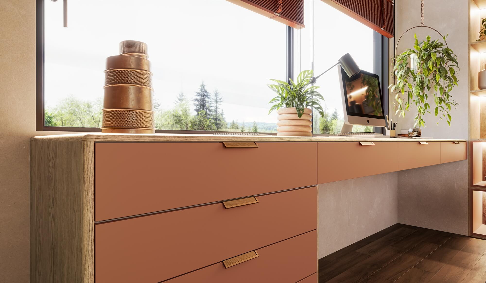 A nova Coleção Zeit da Finger Ambientes Personalizados, oferece uma linha de móveis planejados de alto padrão para ambientes que valorizam o design, o conforto, bem-estar e a funcionalidade. A nova coleção é um convite para experimentar e sentir o tempo e a vida. Home Office e Hobby Space de leitura, com tons rosados de terracota em composição com tom de madeira claro, estilo que destaca a brasilidade, design afetivo, a arquitetura vernacular e valorização das texturas. Detalhe da bancada de estudos e do tampo orgânico da Linha FLOW, que fazem o acabamento arredondado sutil e delicado.