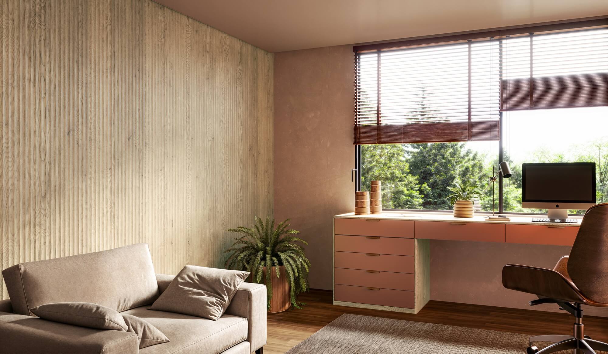 A nova Coleção Zeit da Finger Ambientes Personalizados, oferece uma linha de móveis planejados de alto padrão para ambientes que valorizam o design, o conforto, bem-estar e a funcionalidade. A nova coleção é um convite para experimentar e sentir o tempo e a vida. Home Office e Hobby Space de leitura, com tons rosados de terracota em composição com tom de madeira claro, estilo que destaca a brasilidade, design afetivo, a arquitetura vernacular e valorização das texturas. Detalhe da bancada de estudos e da parede com revestimento tridimensional do padrão MOSEL que lembra as ondas de um rio.