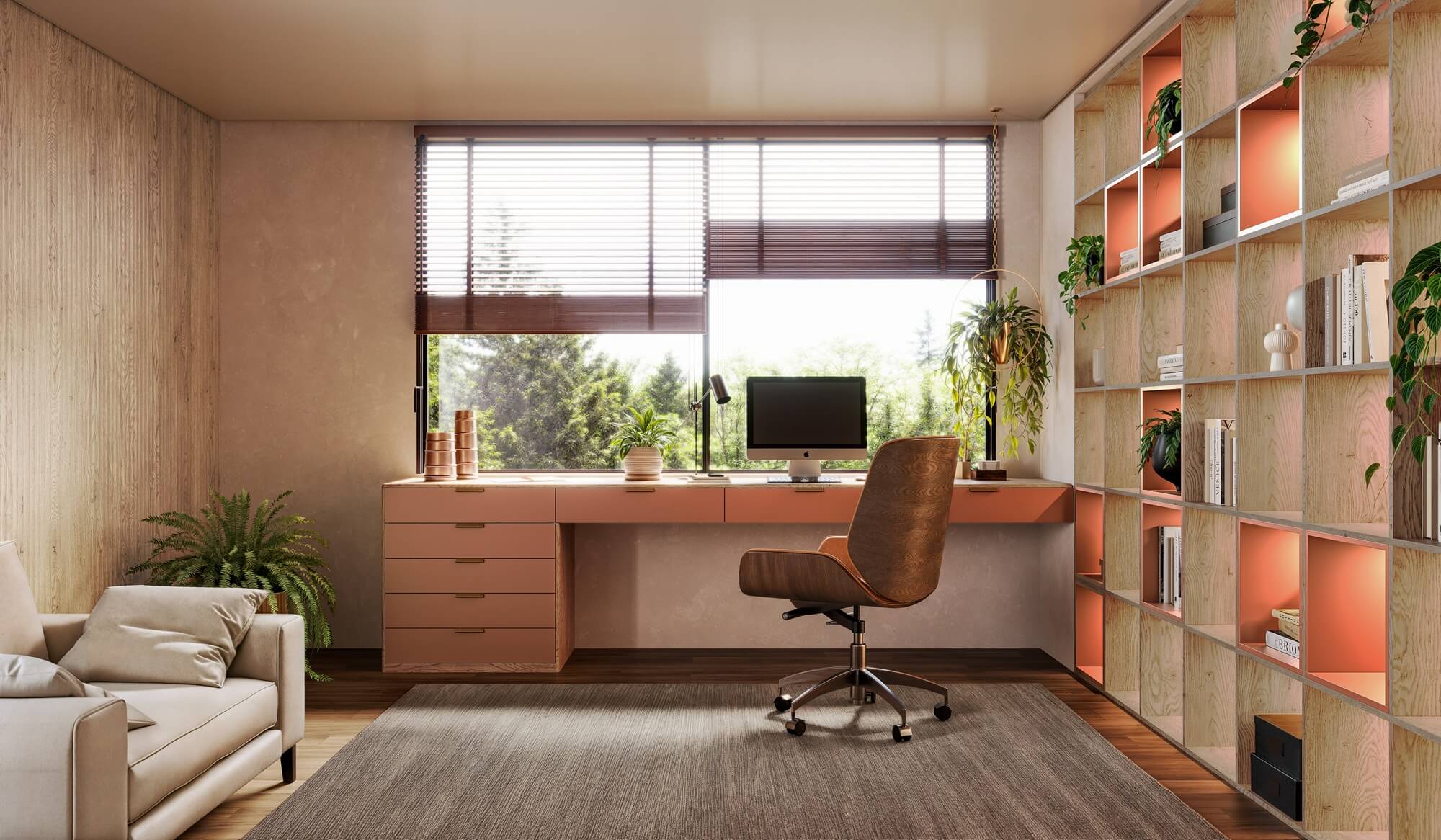 A nova Coleção Zeit da Finger Ambientes Personalizados, oferece uma linha de móveis planejados de alto padrão para ambientes que valorizam o design, o conforto, bem-estar e a funcionalidade. A nova coleção é um convite para experimentar e sentir o tempo e a vida. Home Office e Hobby Space de leitura, com tons rosados de terracota em composição com tom de madeira claro, estilo que destaca a brasilidade, design afetivo, a arquitetura vernacular e valorização das texturas. Detalhe da bancada de estudos e da parede com revestimento tridimensional do padrão MOSEL que lembra as ondas de um rio. Estante para livros e decorações.