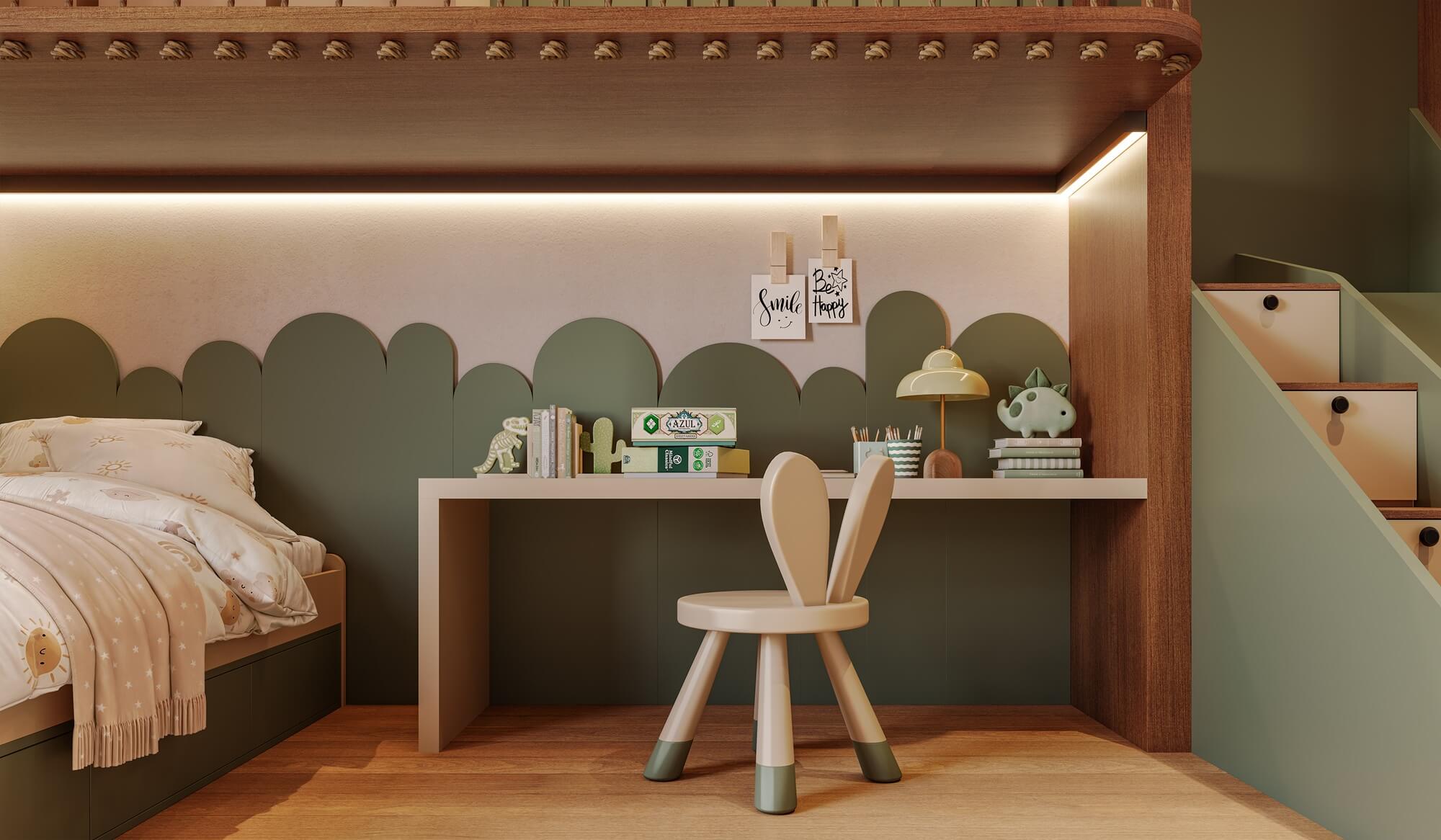 A nova Coleção Zeit da Finger Ambientes Personalizados, oferece uma linha de móveis planejados de alto padrão para ambientes que valorizam o design, o conforto, bem-estar e a funcionalidade. A nova coleção é um convite para experimentar e sentir o tempo e a vida. Dormitório Infantil Planejado de alto padrão com peças orgânicas, cama suspensa e ideia de escorregador, em tons de verde com madeira, estilo que destaca a brasilidade, arquitetura vernacular e valorização das texturas. Detalhe da bancada de estudos e brincadeiras pras crianças.