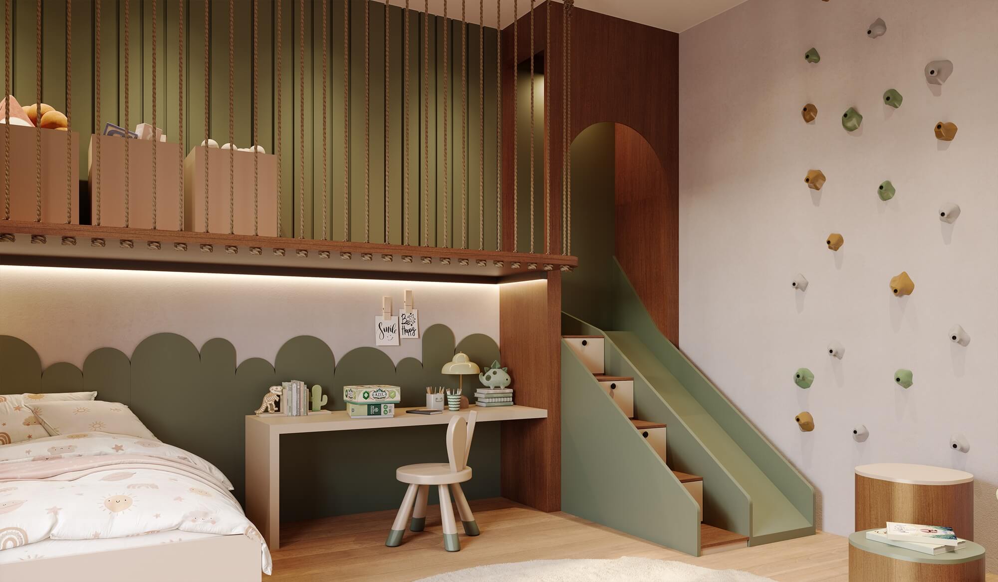 A nova Coleção Zeit da Finger Ambientes Personalizados, oferece uma linha de móveis planejados de alto padrão para ambientes que valorizam o design, o conforto, bem-estar e a funcionalidade. A nova coleção é um convite para experimentar e sentir o tempo e a vida. Dormitório Infantil Planejado de alto padrão com peças orgânicas, cama suspensa e ideia de escorregador, em tons de verde com madeira, estilo que destaca a brasilidade, arquitetura vernacular e valorização das texturas.