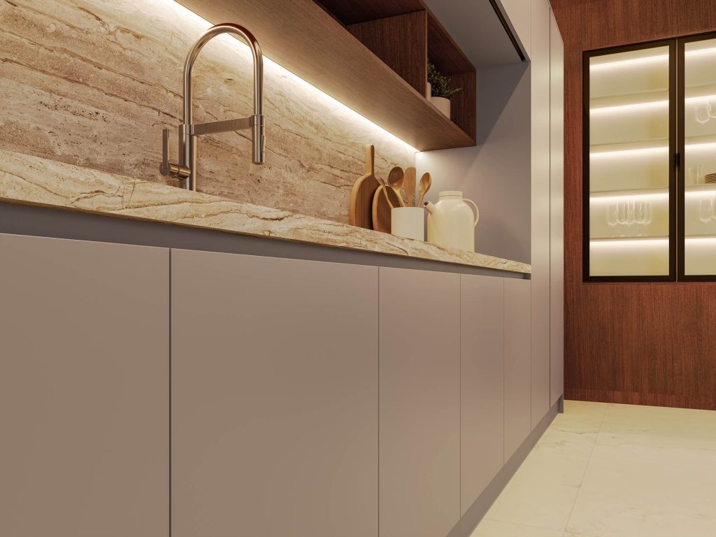 Cozinha Completa Planejada Finger. .A nova Coleção Zeit da Finger Ambientes Personalizados, oferece uma linha de móveis planejados de alto padrão para ambientes que valorizam o design, o conforto, bem-estar e a funcionalidade. A nova coleção é um convite para experimentar e sentir o tempo e a vida. Cozinha Planejada de alto padrão com ilha, tons claros com madeira, estilo que destaca a brasilidade, arquitetura vernacular e valorização das texturas. Detalhe do puxador cava embutido.