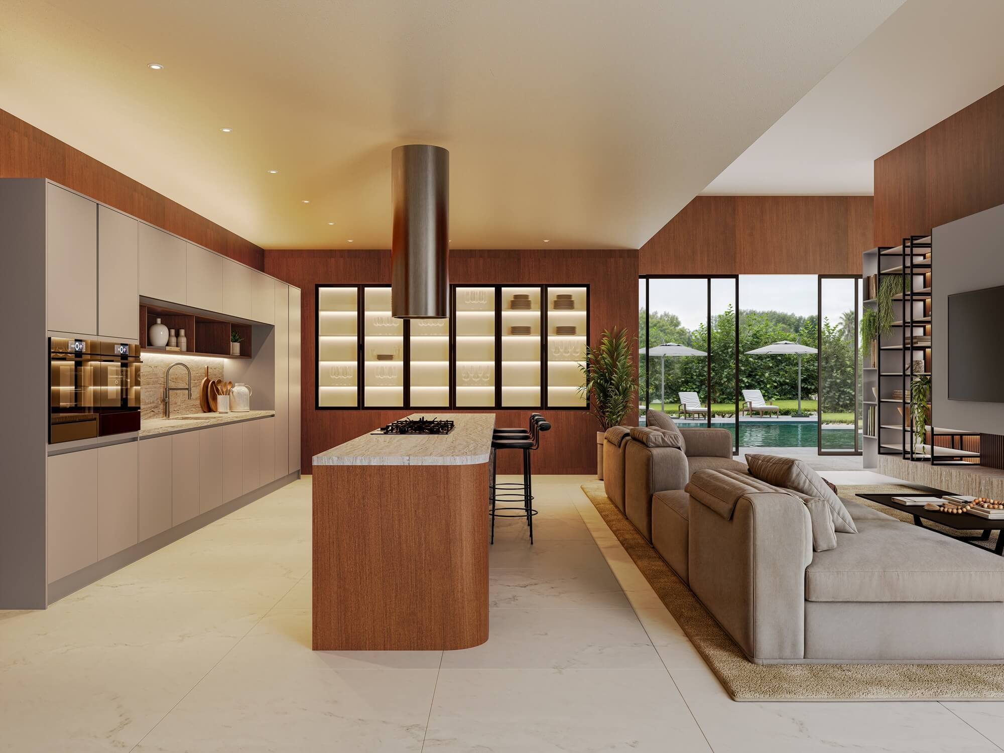 A nova Coleção Zeit da Finger Ambientes Personalizados, oferece uma linha de móveis planejados de alto padrão para ambientes que valorizam o design, o conforto, bem-estar e a funcionalidade. A nova coleção é um convite para experimentar e sentir o tempo e a vida. Cozinha e Living Integrados Planejados de alto padrão com ilha, tons claros com madeira, estilo que destaca a brasilidade, arquitetura vernacular e valorização das texturas. Visualização para área da pisicina. Ilha com detalhe orgânico.