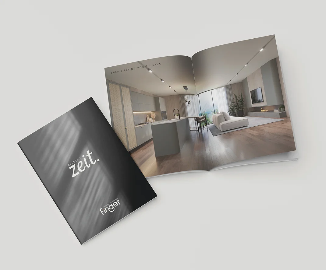 Catálogo de decoração com página dupla mostrando interior moderno e minimalista.
