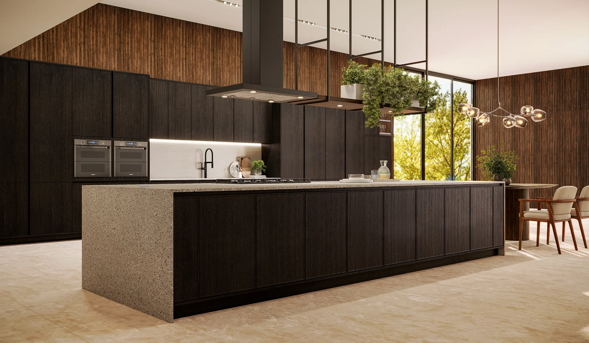 Cozinha planejada de luxo com ilha central em pedra, armários pretos com textura amadeirada e coifa moderna em ambiente conceito aberto.