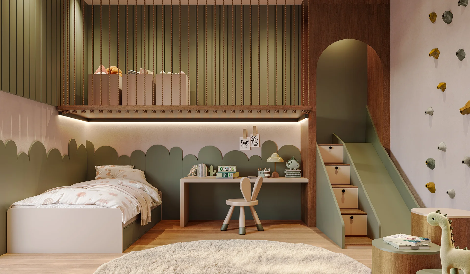 Quarto infantil planejado com cama montessoriana, escada com gavetas, escorregador integrado e decoração em tons de verde e madeira