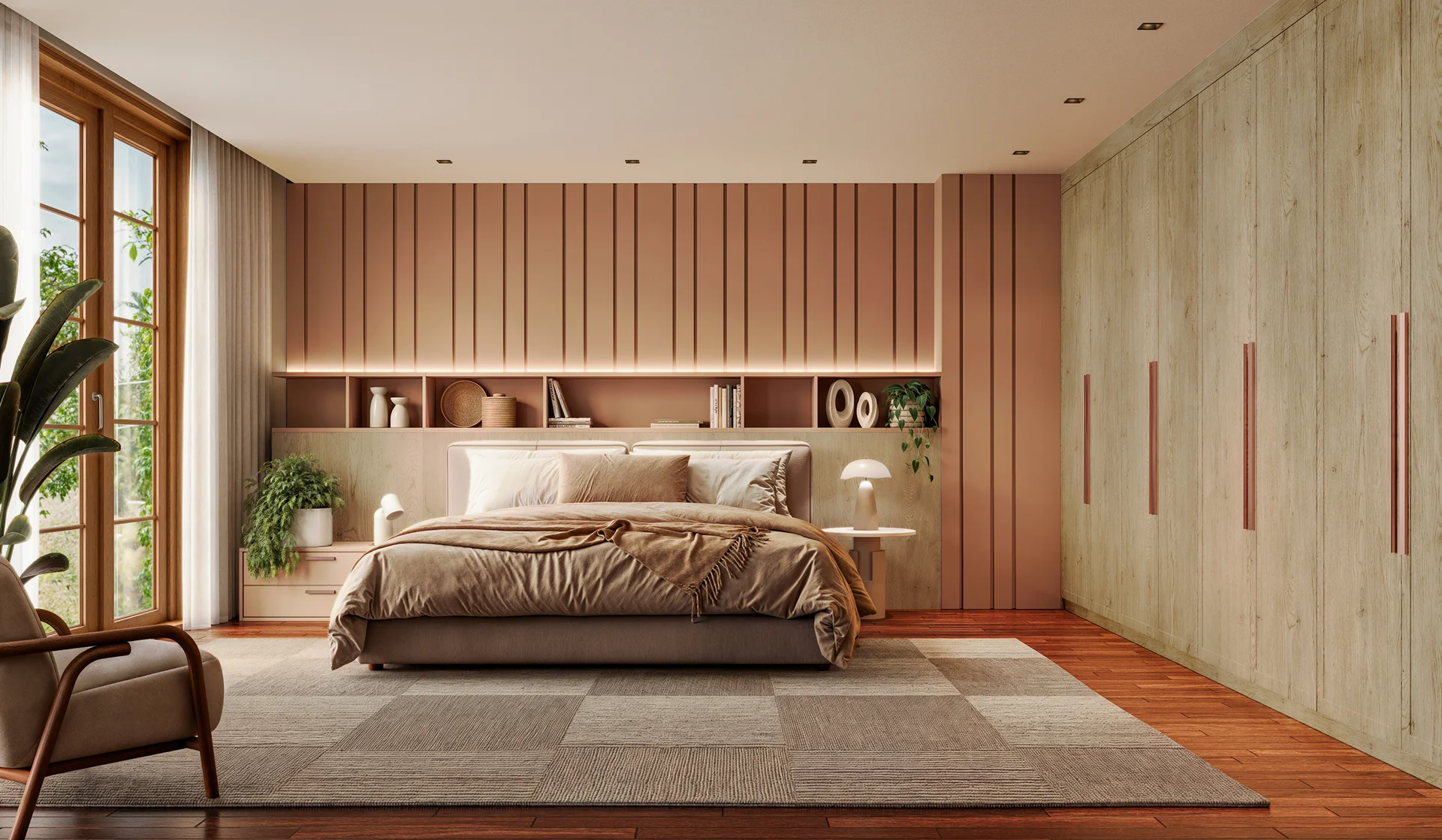 Quarto de casal com guarda-roupa planejado em madeira clara, painel ripado em tons terrosos e iluminação embutida aconchegante