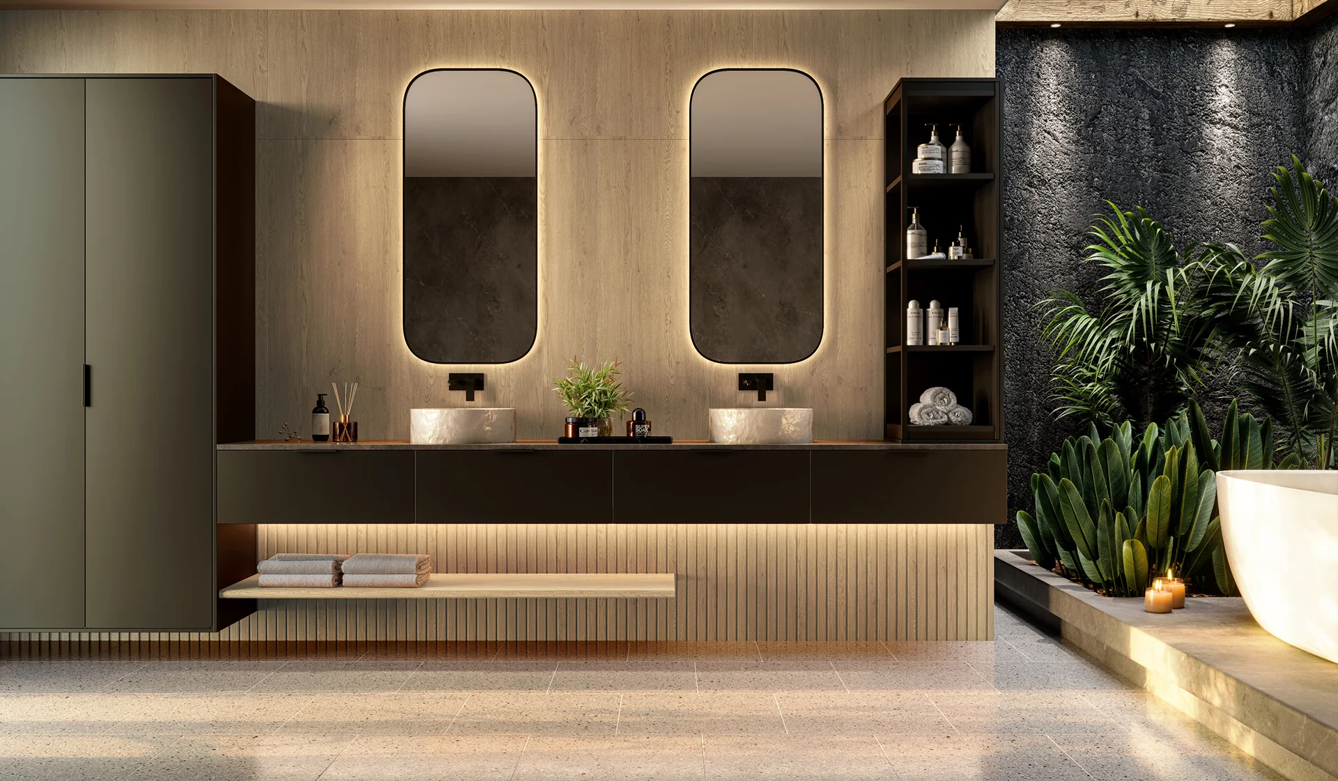 Banheiro de luxo com cubas duplas, espelhos orgânicos iluminados, armários planejados suspensos e jardim de inverno integrado
