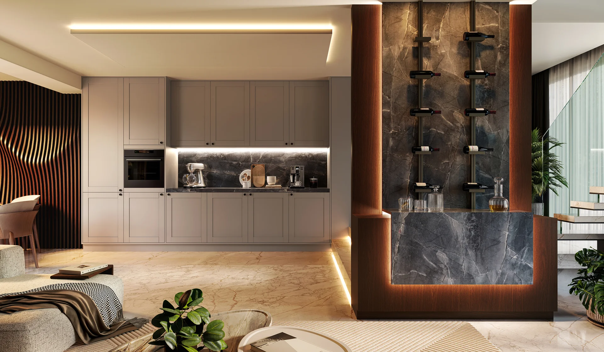 Ambiente gourmet integrado com adega vertical retroiluminada, móveis planejados em estilo clássico contemporâneo e acabamento em mármore escuro