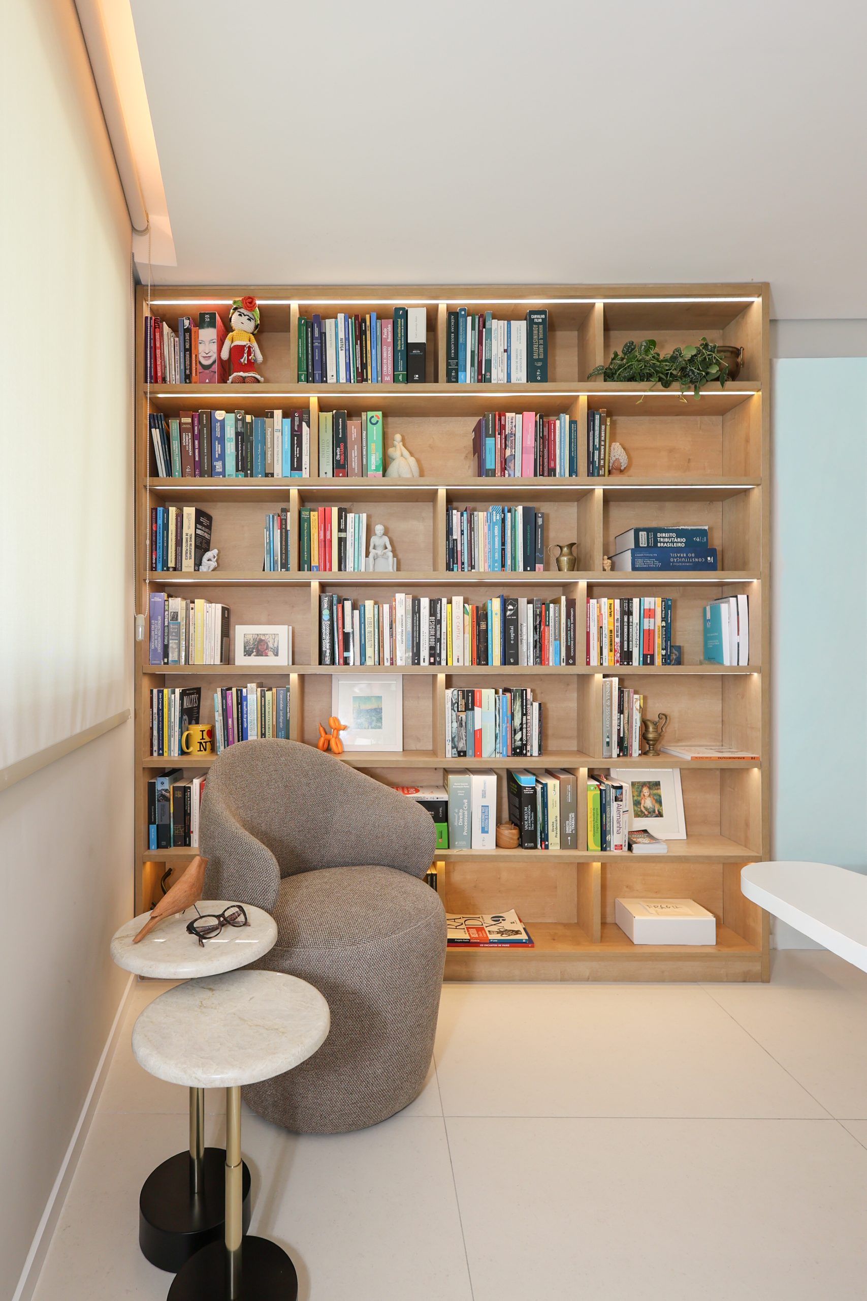 Biblioteca em casa com cantinho de leitura. Hobby Space.