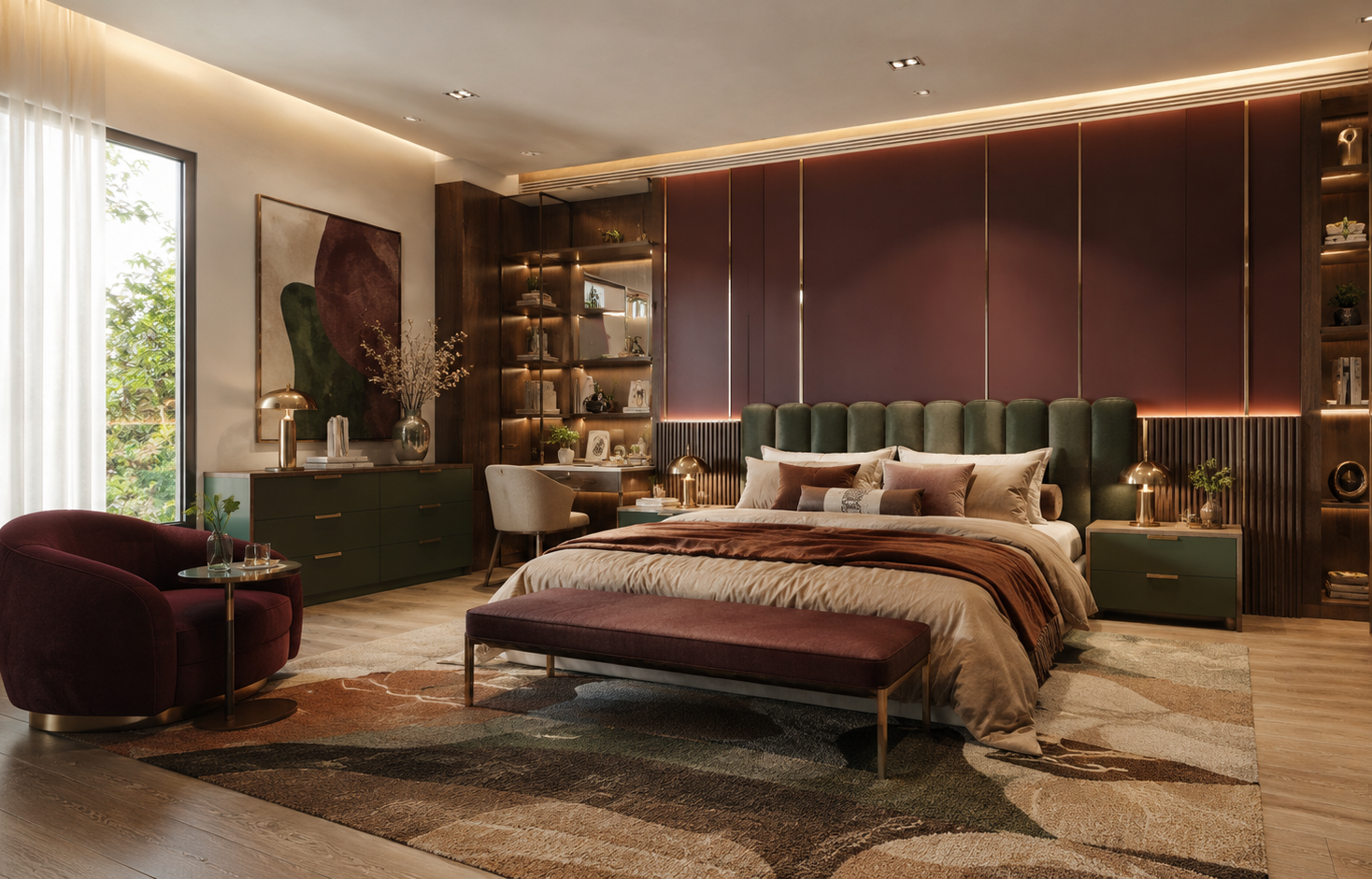 estilo de dormitório maximalista, com cores de vinho (marsala) com verde escuro. Aimagem mostra um dormitório de casal com cabeceira estofada verde, ao pé da cama possui um recaimer e uma poltrona robusta. Ao lado da cama, conta com mesas de cabeceira e uma cômoda baixa. O ambiente tem tapete no chão e mostra uma janela tipo porta de varanda semi aberta com cortina translucida.