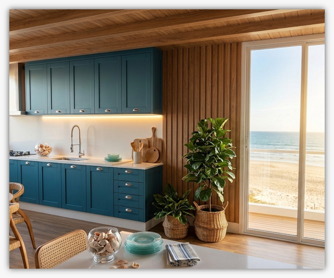 Projeto de espaço gourmet tropical (praiano) com uma atmosfera leve e sofisticada.
Os armários planejados em azul-petróleo se destacam contra o teto e o painel de madeira.
Elementos como plantas em vasos de palha e conchas decorativas reforçam o estilo tropical.
Uma bancada branca iluminada por fitas de LED traz modernidade e funcionalidade ao espaço.
A grande porta de vidro integra o interior a uma vista deslumbrante da praia e do mar.