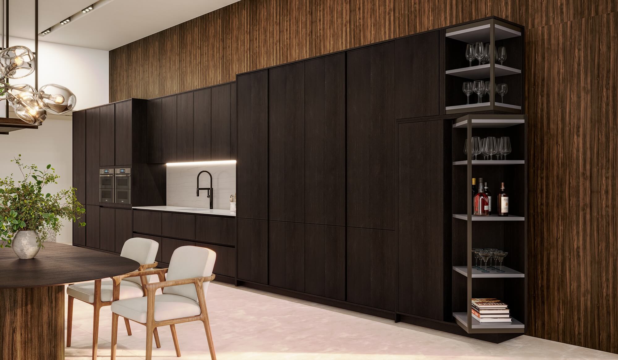 Espaço gourmet de cozinha integrado à sala nos padrões Slate, Eben e Silent. Sistema FurnSpin da Hettich fazendo composição e transição dos ambientes, utilizado para armazenar livros, bebidas e taças.