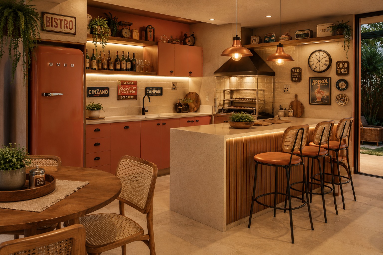 Projeto de um espaço gourmet vintage ou retrô cheio de estilo, misturando armários em tom de terracota, eletrodomésticos de design icônico, como a geladeira Smeg laranja, e detalhes decorativos como as placas de publicidade antigas e o relógio de parede.