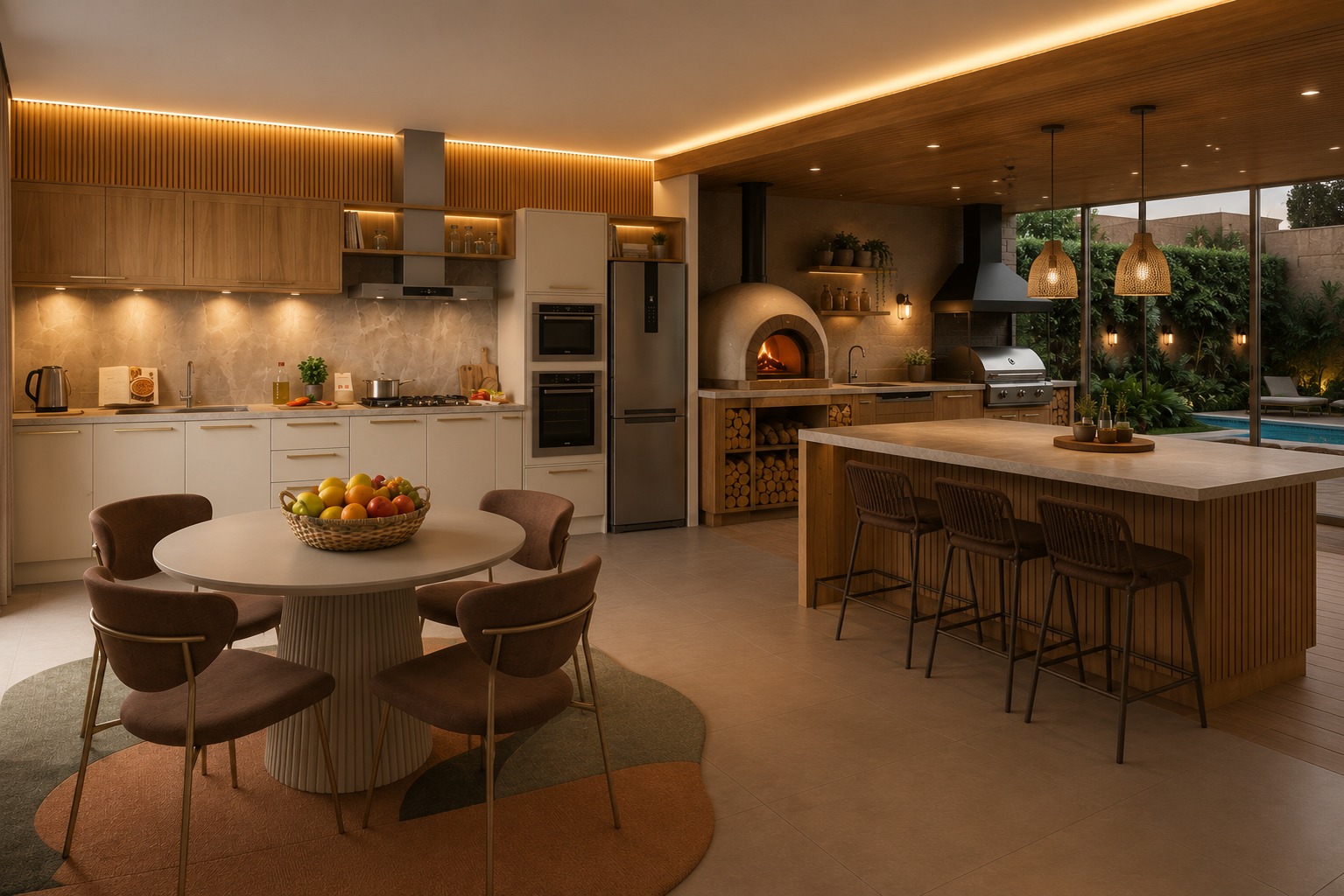 Espaço gourmet com forno de pizza e uma grande ilha com banquetas sob pendentes de palha.O ambiente é valorizado por uma iluminação calorosa embutida e grandes aberturas de vidro que integram o espaço à área externa com piscina.