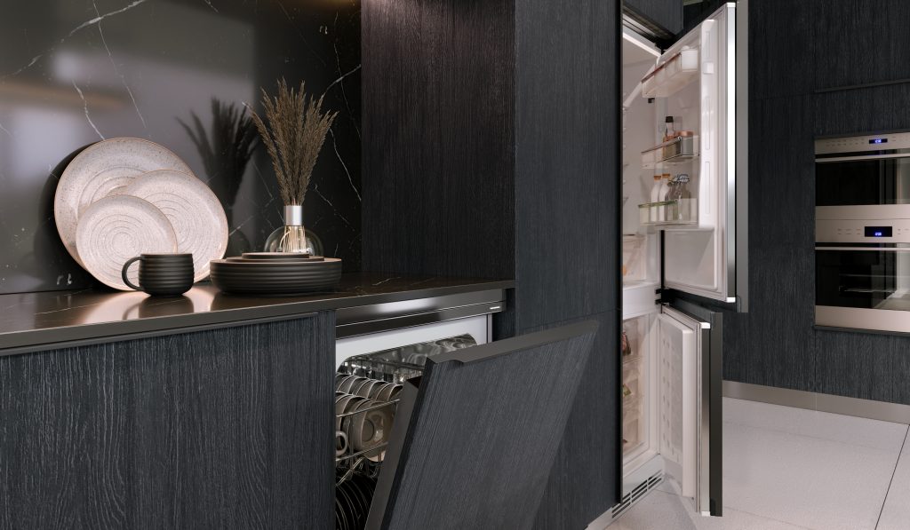 Cozinha e Espaço gourmet com mesa grande, em tons escuros. Eletrodomésticos embutidos. Invisible Kitchen. Cozinha Completa Planejada Finger. 